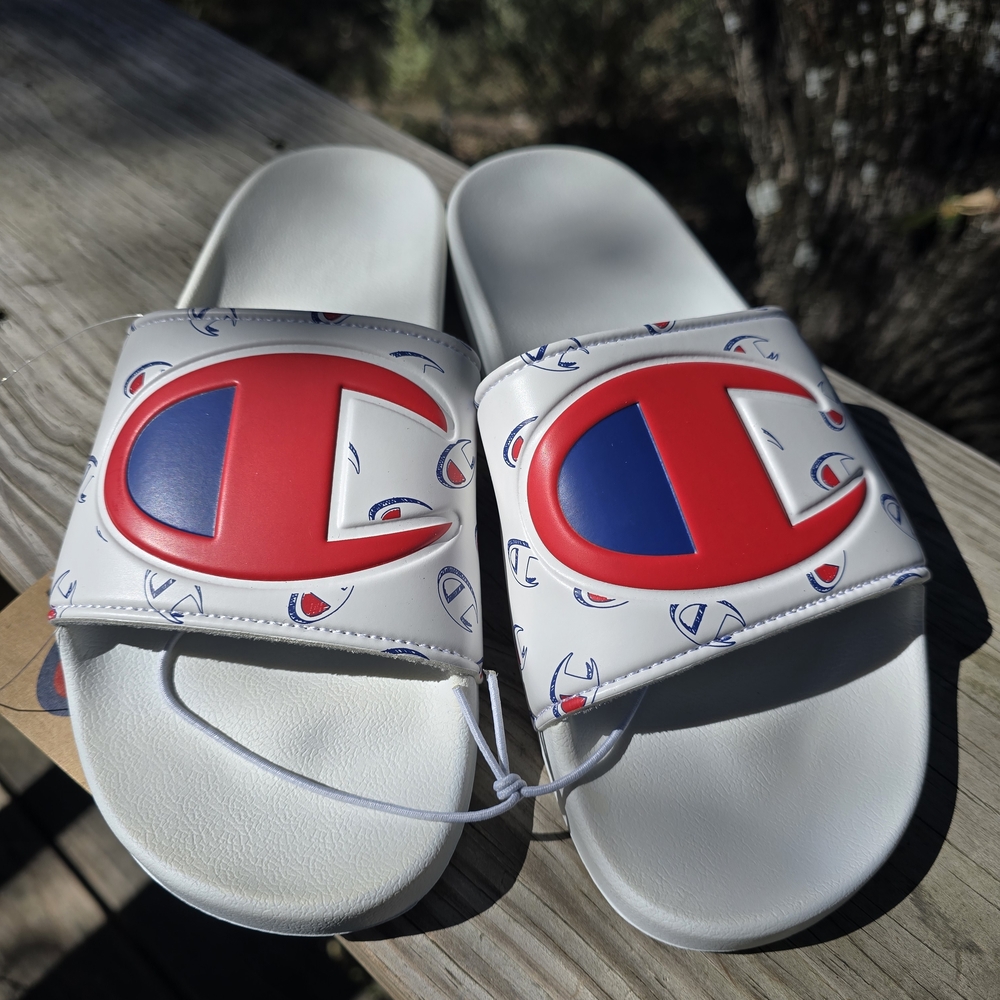 Champion White Red and Blue Slide Sandals IPO-R Mini Repeat Logo